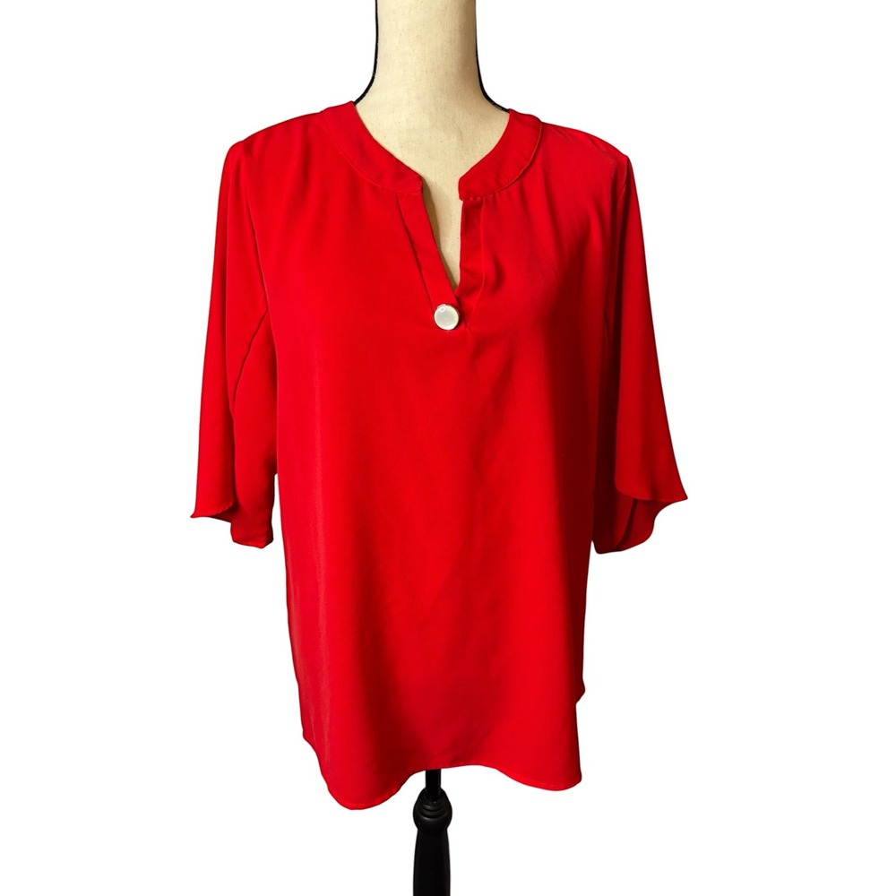 Funlingo Womens XL Red Split Neck Bell Sleeve Blouse Pullover Top